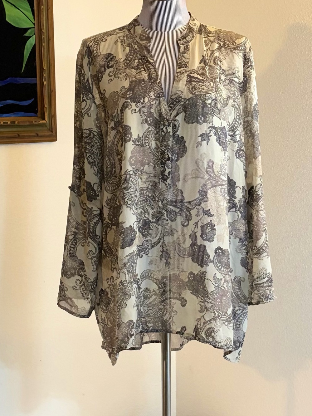 Maurices Cream Paisley Sheer V-Neck Blouse